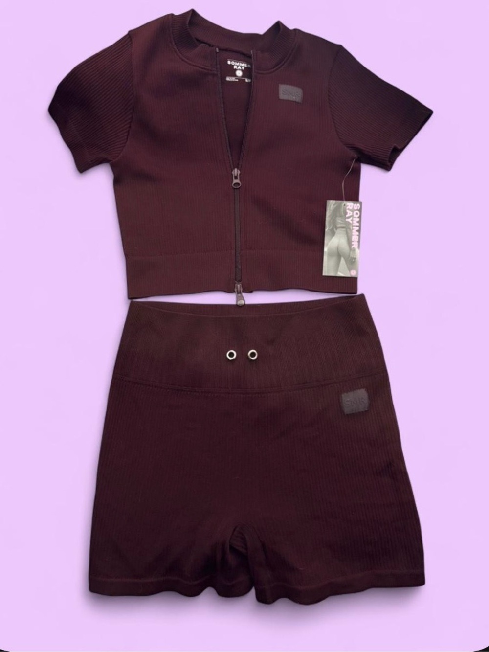 Sommer Ray Ribbed Two-Piece Zip Crop Top & Shorts Set - Deep Maroon